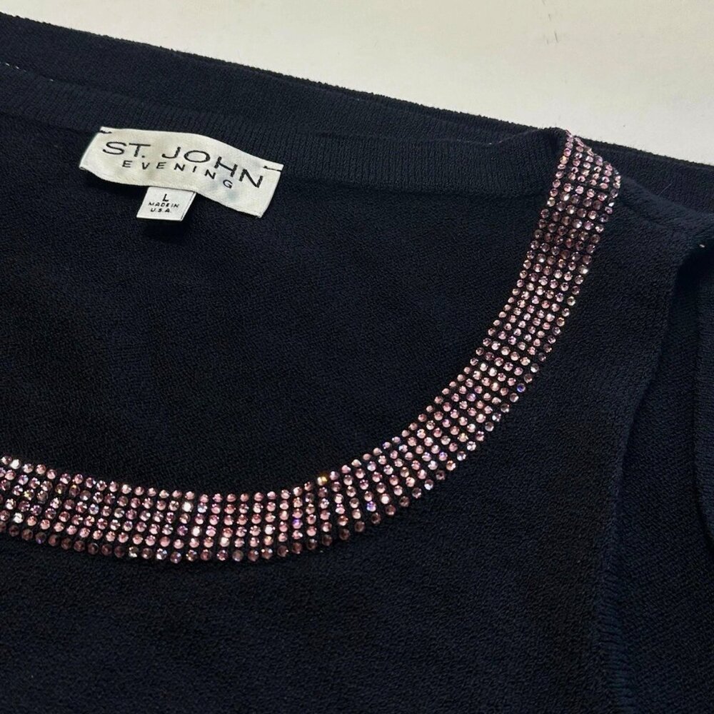 St. John Evening Black Tank Top with Pink Crystal Embellished Neckline
